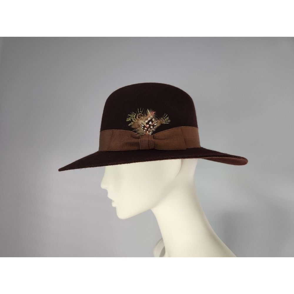 Vintage Chelton Mid Century Womens 100% Wool Brown Feathers grosgrain Band Fancy